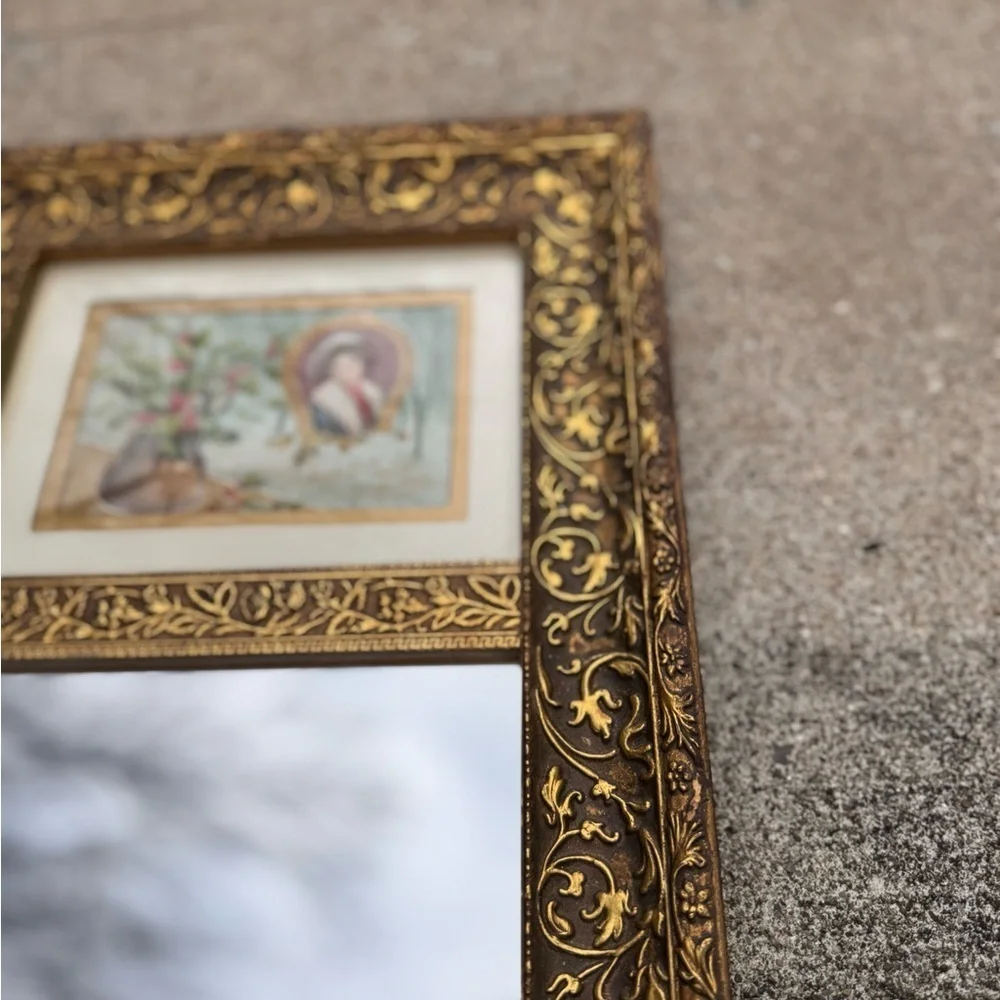 Vintage Estate Gold Framed Wall Mirror with Holiday Advertisement